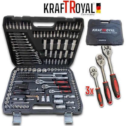 Комплект инструменти 216 части Гедоре 1/2, 1/4 и 3/8 Хром-ванадиева стомана KraftRoyal