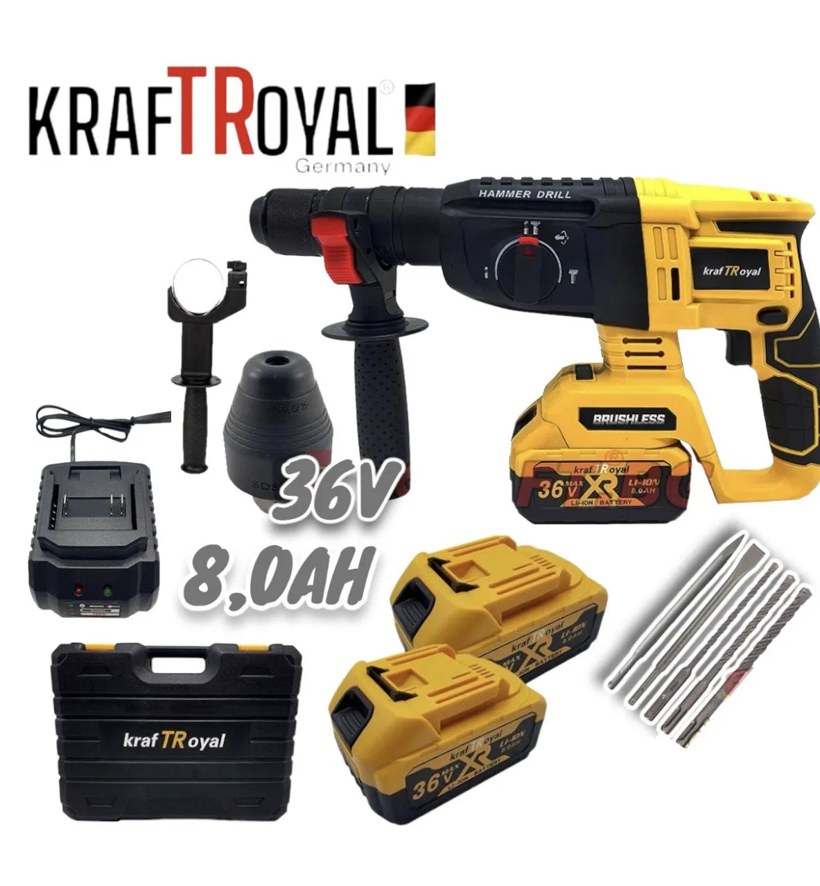 Акумулаторен Перфоратор KRAFT ROYAL 36v. 8ah. с 2 батерии, зарядно и куфар
