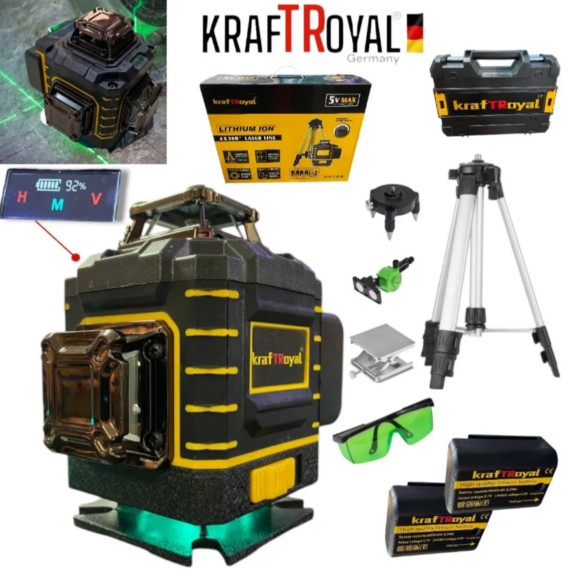 4D ЛАЗЕРЕН НИВЕЛИР с 16 линии KRAFTROYAL самонивилиращ се, със зелен лазер и трипод + индикатор на батерията.