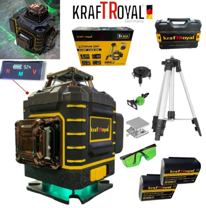 4D ЛАЗЕРЕН НИВЕЛИР с 16 линии KRAFTROYAL самонивилиращ се, със зелен лазер и трипод + индикатор на батерията.